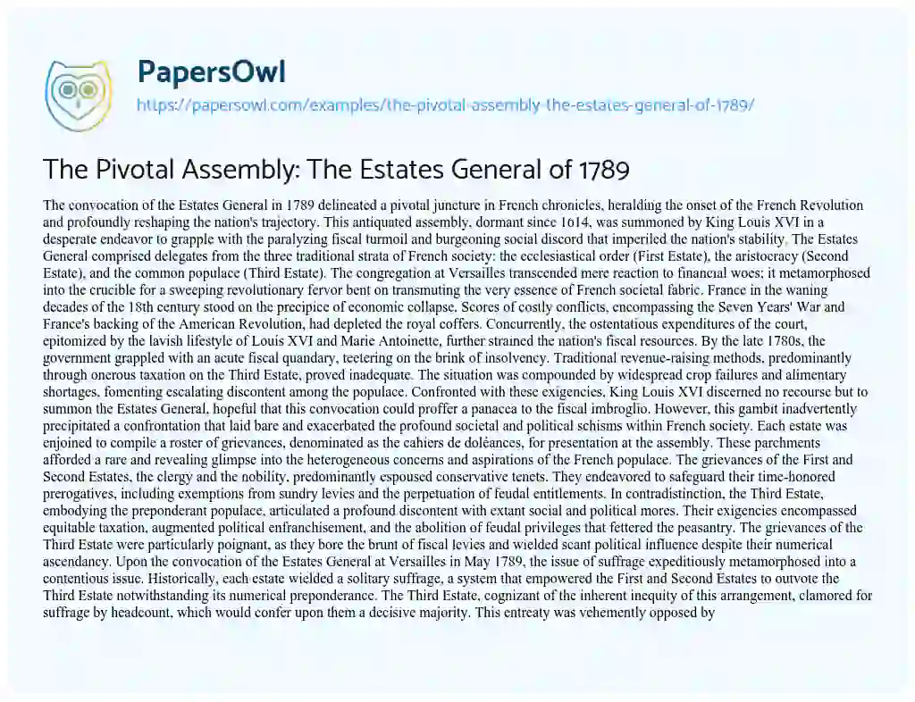 Essay on The Pivotal Assembly: The Estates General of 1789