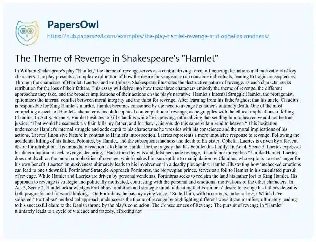 Essay on The Theme of Revenge in Shakespeare’s “Hamlet”
