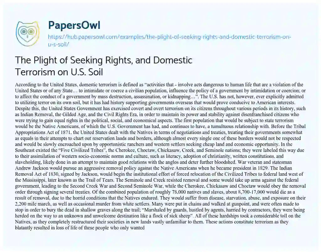 Essay on The Plight of Seeking Rights, and Domestic Terrorism on U.S. Soil
