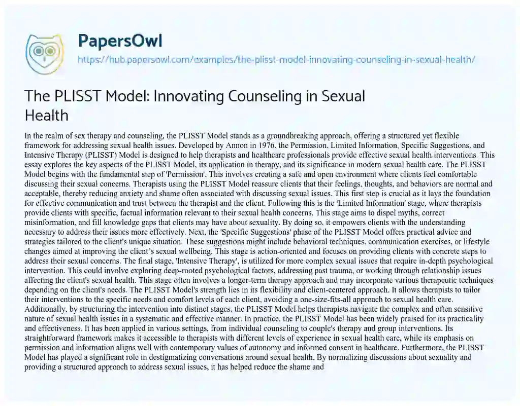 Essay on The PLISST Model: Innovating Counseling in Sexual Health