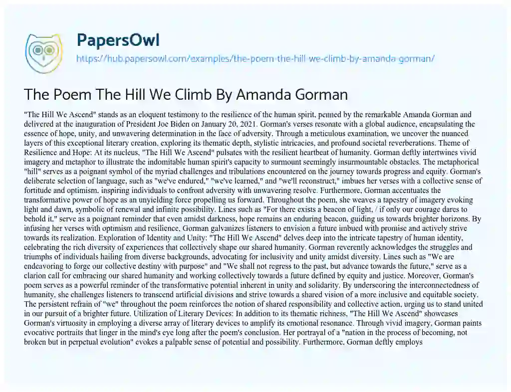Essay on The Poem The Hill We Climb By Amanda Gorman