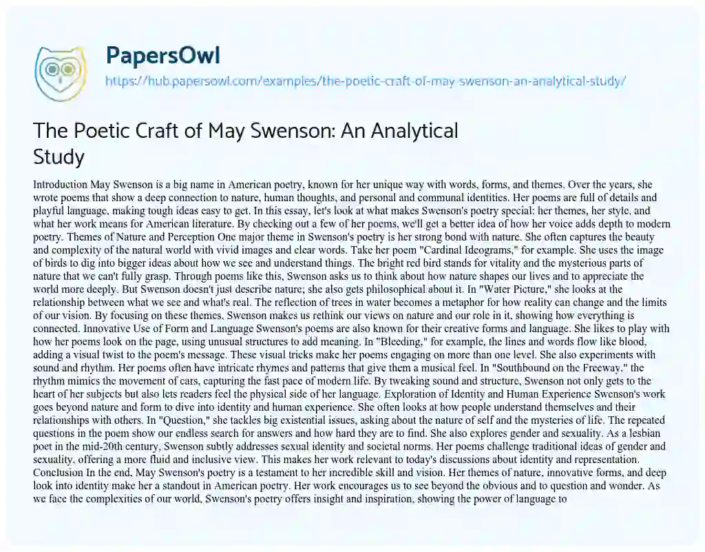 Essay on The Poetic Craft of May Swenson: An Analytical Study