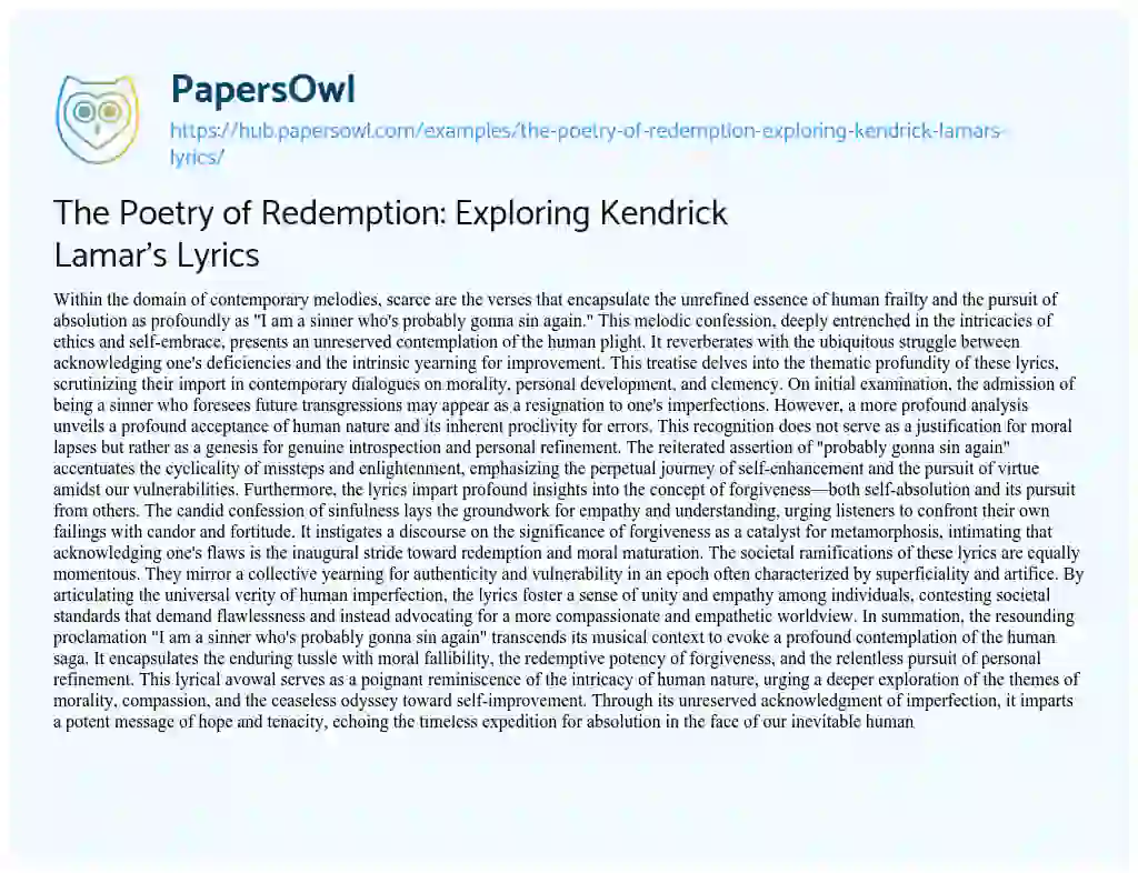 Essay on The Poetry of Redemption: Exploring Kendrick Lamar’s Lyrics