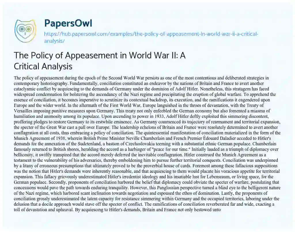 Essay on The Policy of Appeasement in World War II: A Critical Analysis