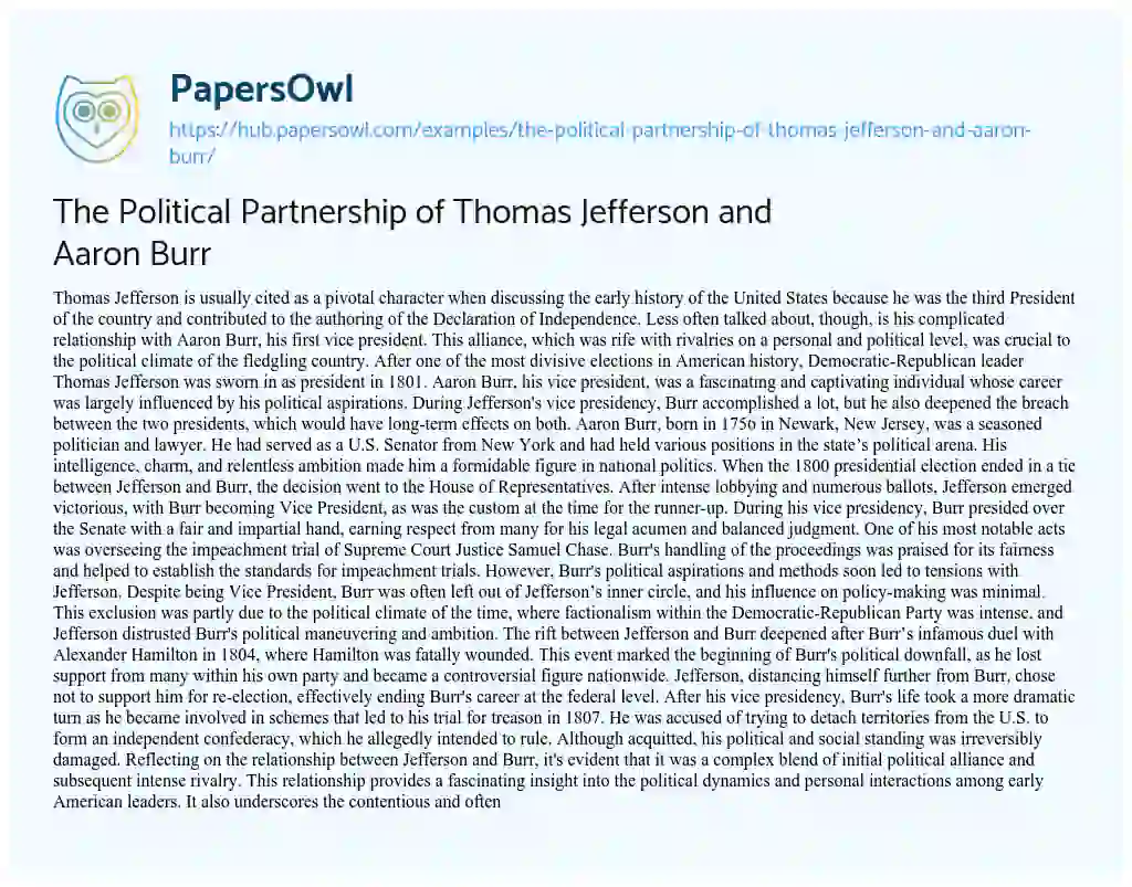 Essay on The Political Partnership of Thomas Jefferson and Aaron Burr