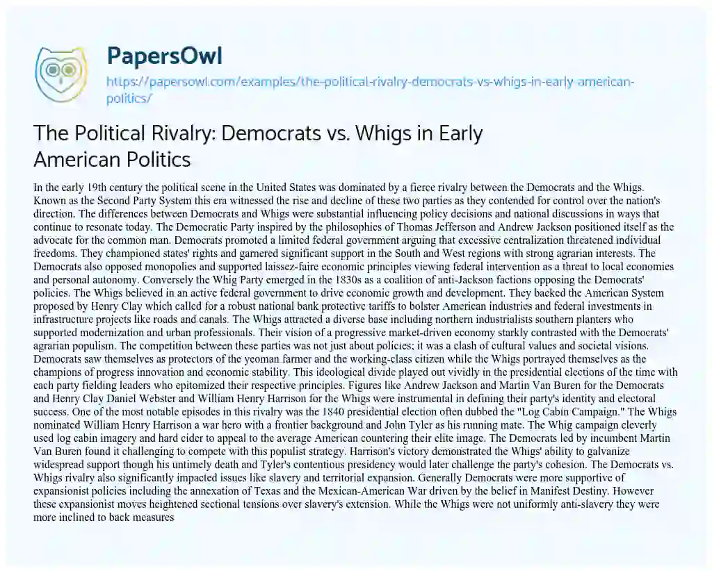 Essay on The Political Rivalry: Democrats vs. Whigs in Early American Politics