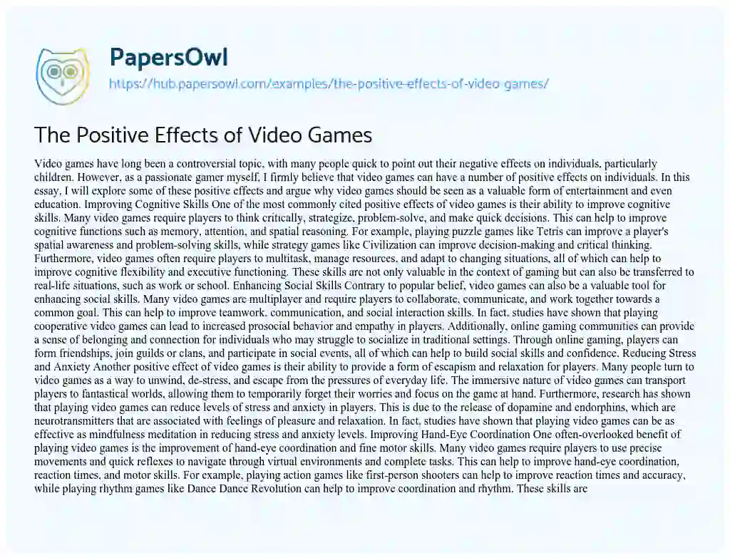 Essay on The Positive Effects of Video Games