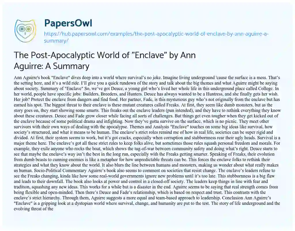 Essay on The Post-Apocalyptic World of “Enclave” by Ann Aguirre: A Summary