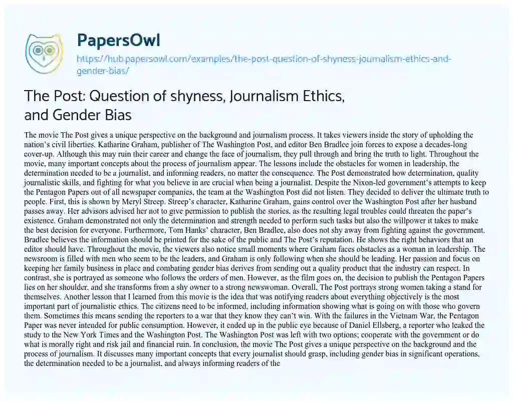 Essay on The Post: Question of shyness, Journalism Ethics, and Gender Bias