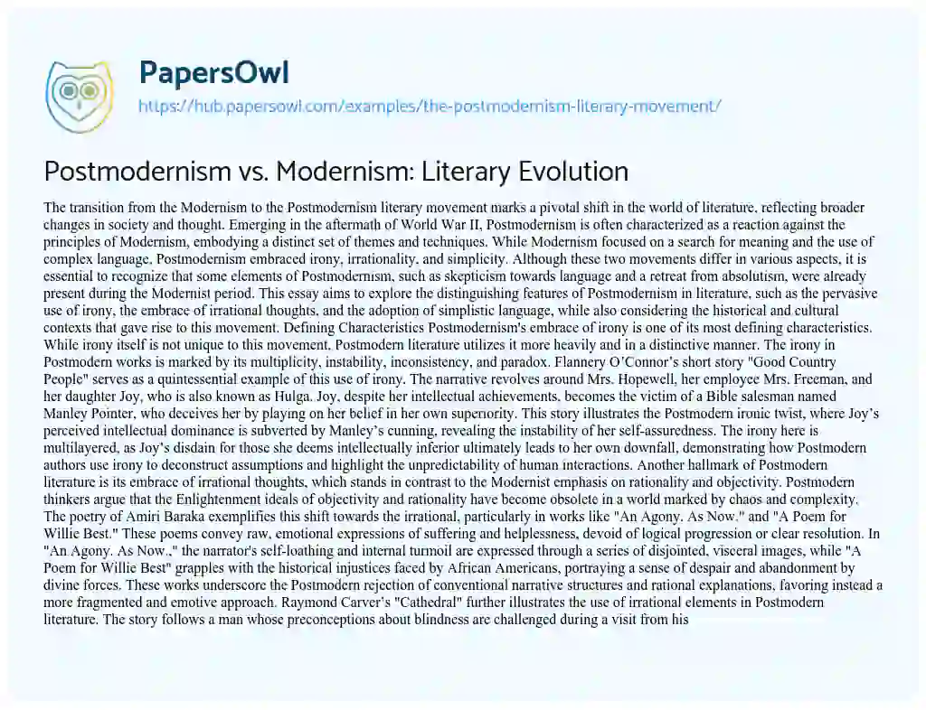 Essay on Postmodernism vs. Modernism: Literary Evolution