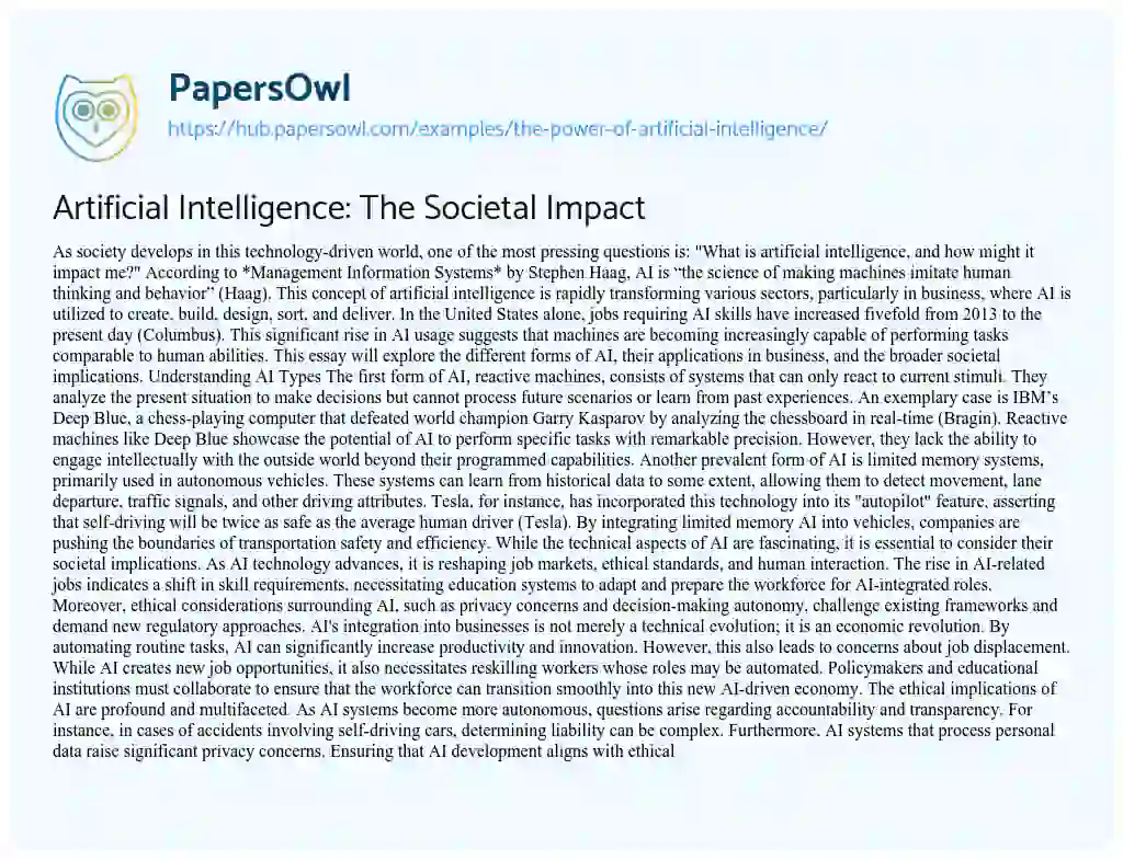Essay on Artificial Intelligence: The Societal Impact