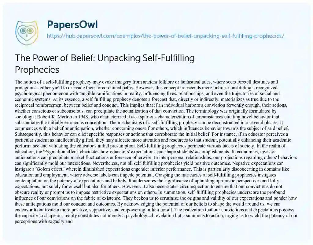 Essay on The Power of Belief: Unpacking Self-Fulfilling Prophecies