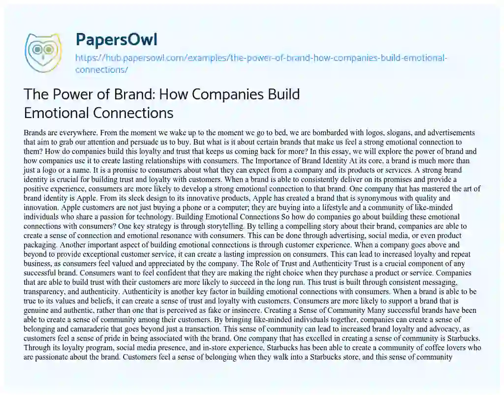 Essay on The Power of Brand: How Companies Build Emotional Connections