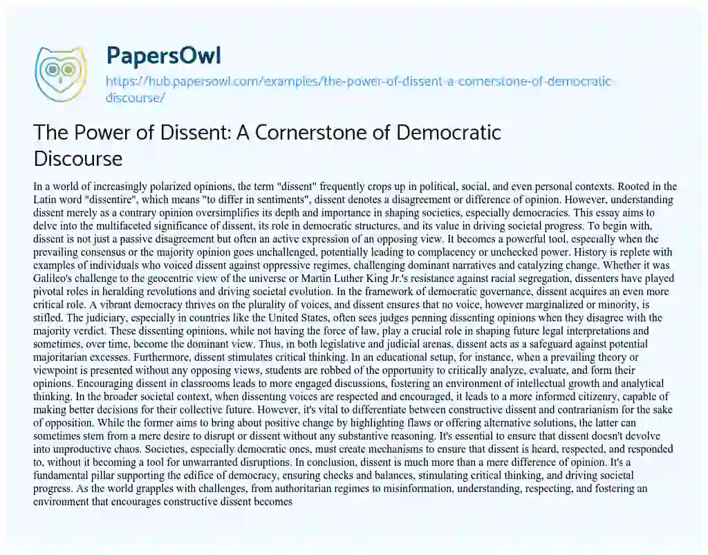 Essay on The Power of Dissent: A Cornerstone of Democratic Discourse