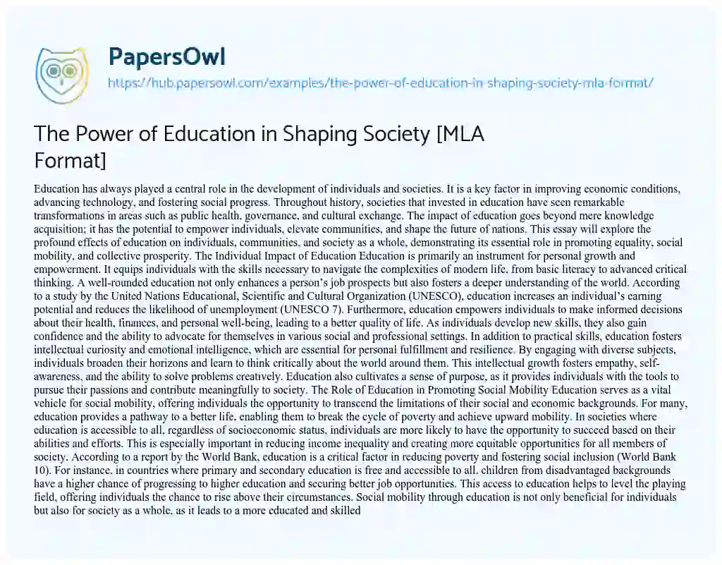Essay on The Power of Education in Shaping Society [MLA Format]