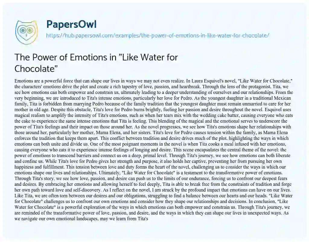 Essay on The Power of Emotions in “Like Water for Chocolate”