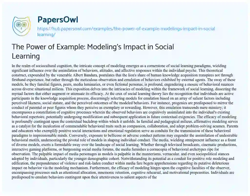 Essay on The Power of Example: Modeling’s Impact in Social Learning