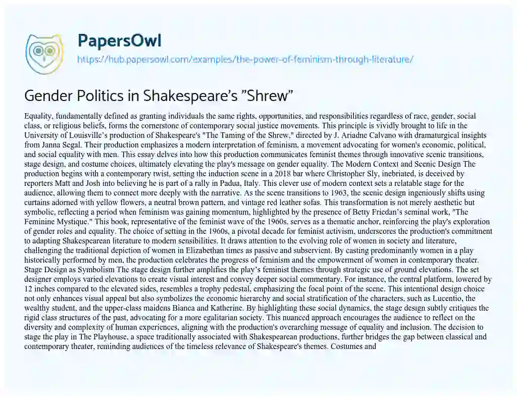 Essay on Gender Politics in Shakespeare’s “Shrew”