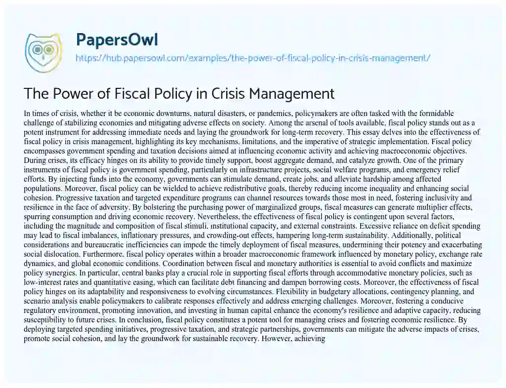 Essay on The Power of Fiscal Policy in Crisis Management