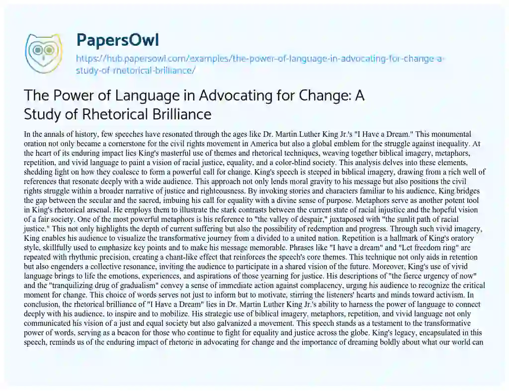 Essay on The Power of Language in Advocating for Change: A Study of Rhetorical Brilliance