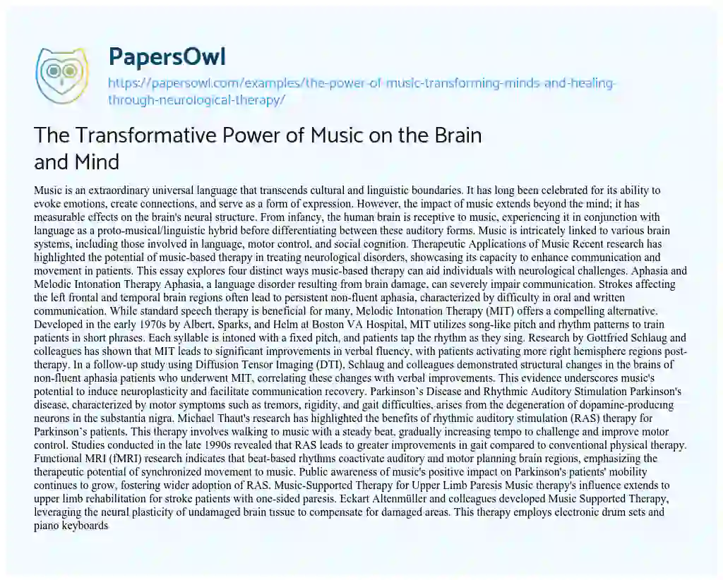 Essay on The Transformative Power of Music on the Brain and Mind