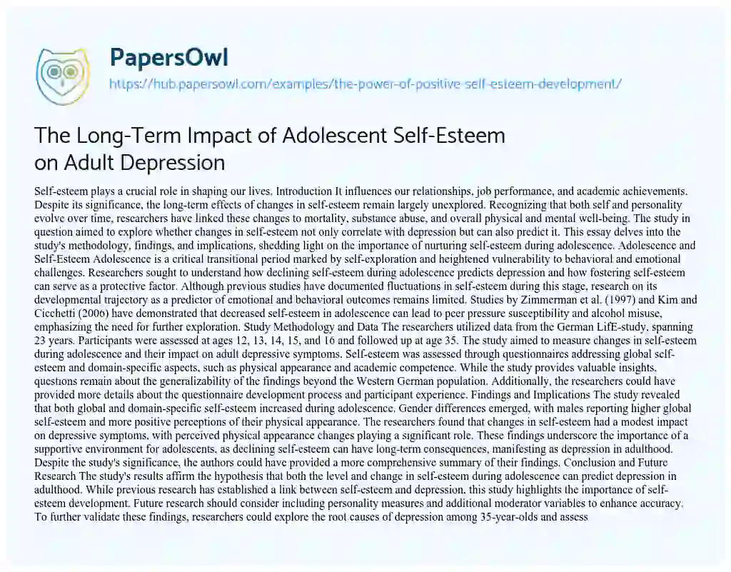 Essay on The Long-Term Impact of Adolescent Self-Esteem on Adult Depression
