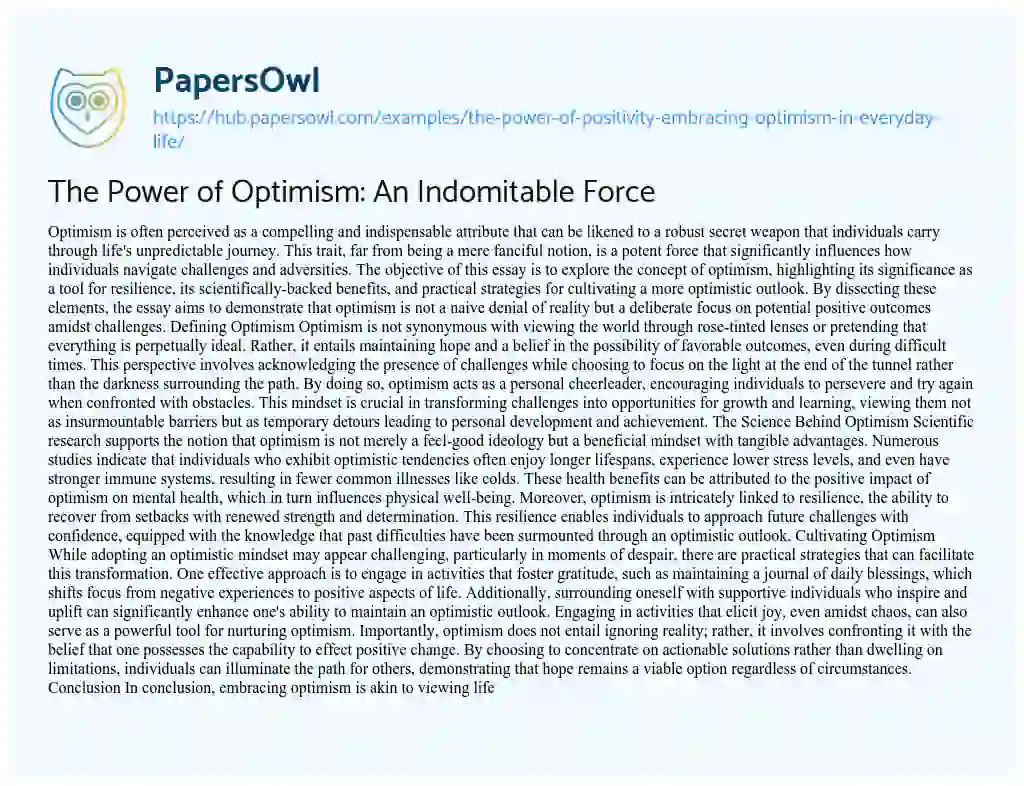 Essay on The Power of Optimism: An Indomitable Force