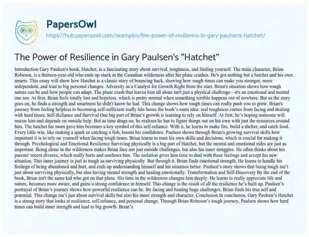 Essay on The Power of Resilience in Gary Paulsen’s “Hatchet”