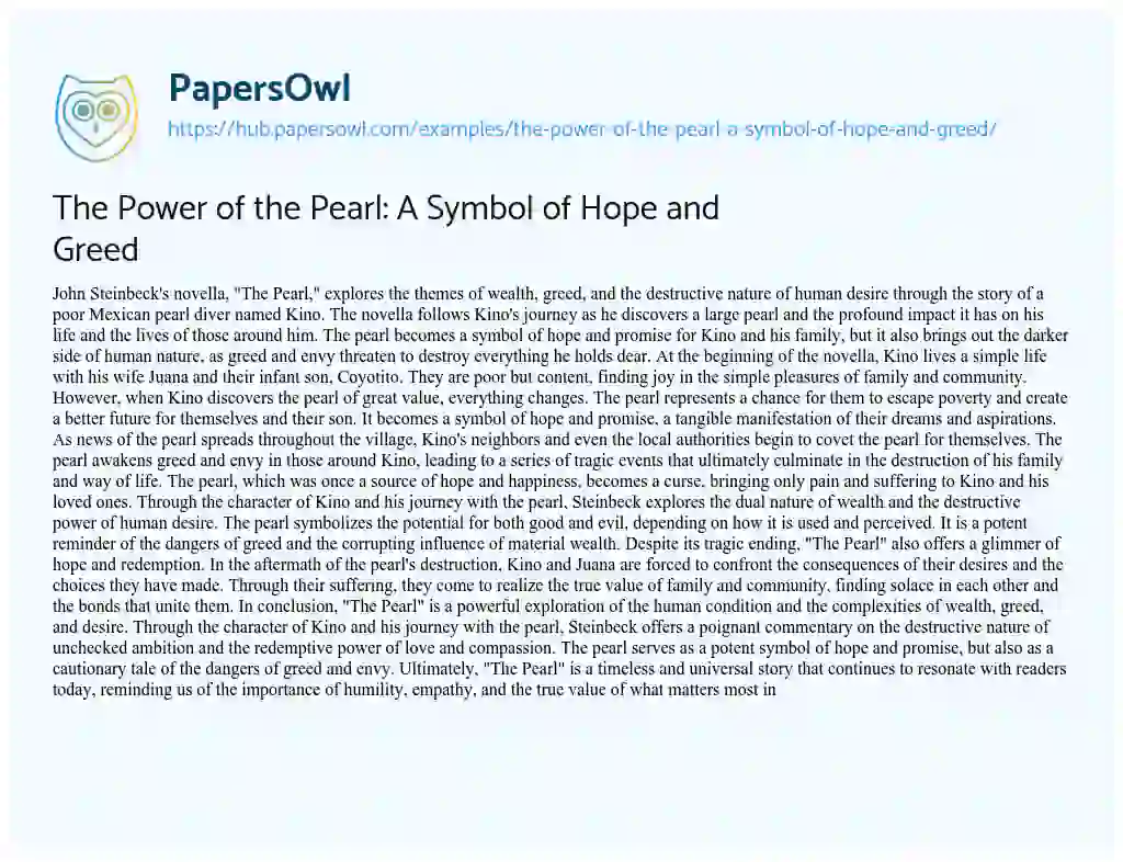 Essay on The Power of the Pearl: A Symbol of Hope and Greed
