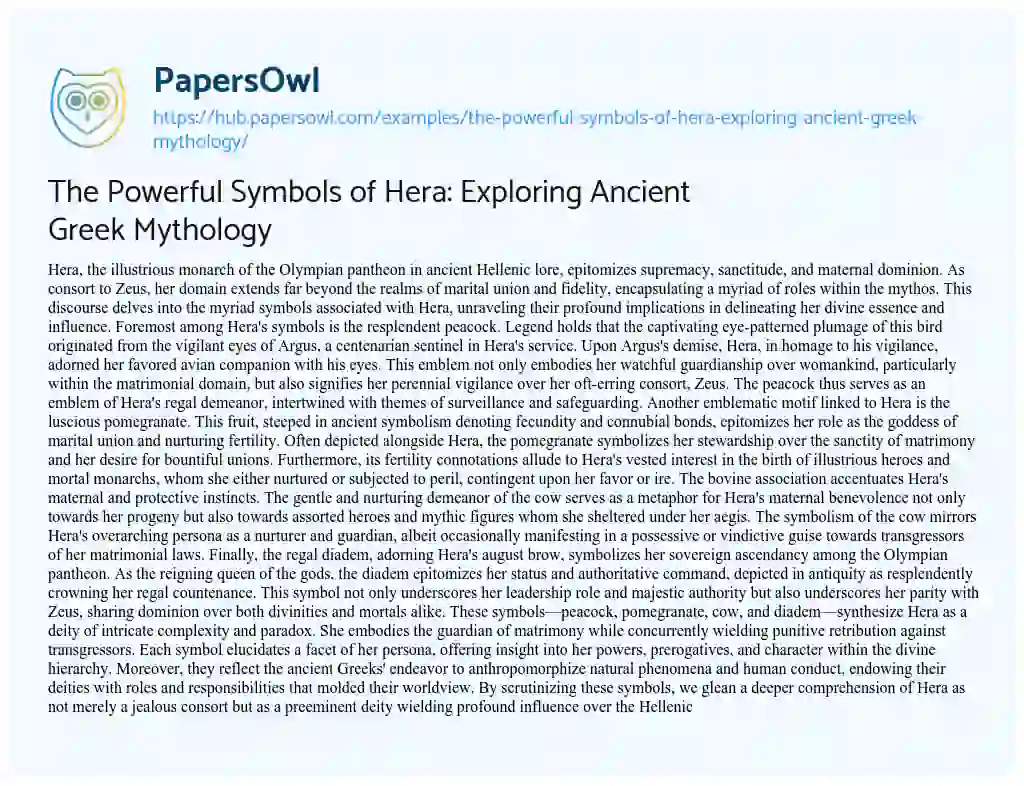 Essay on The Powerful Symbols of Hera: Exploring Ancient Greek Mythology