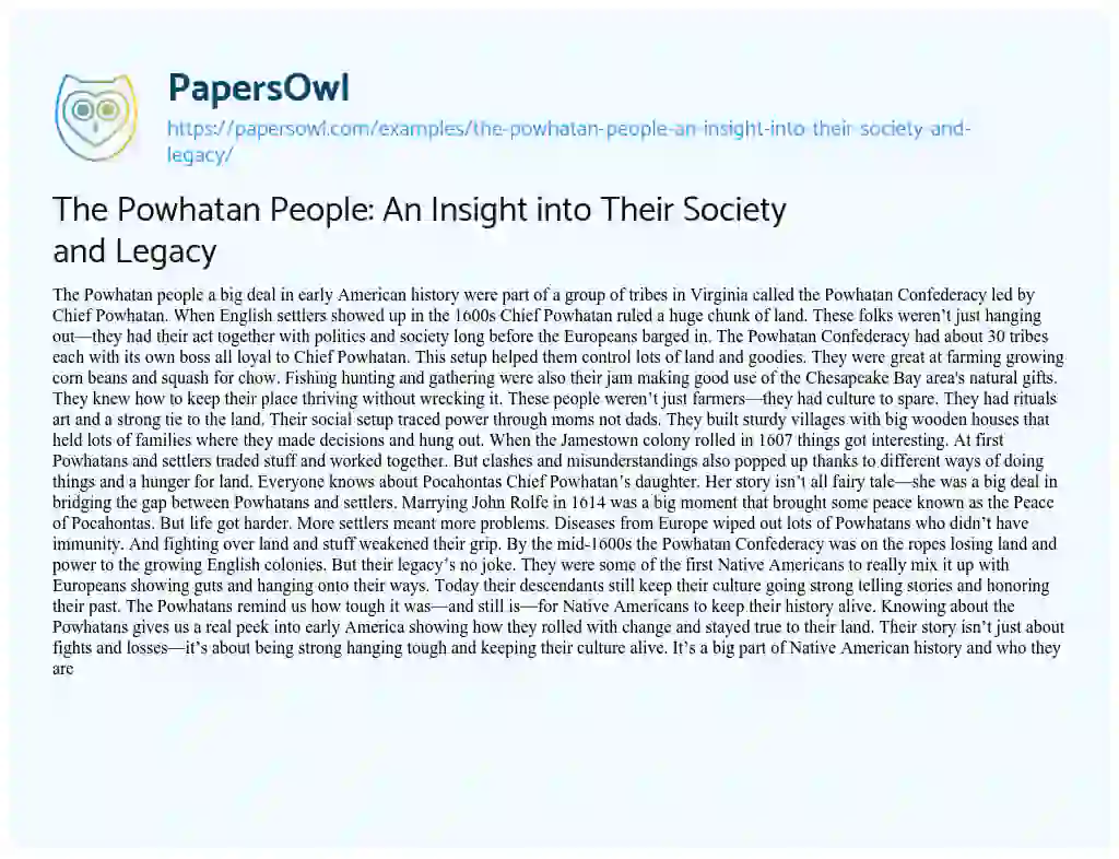 Essay on The Powhatan People: An Insight into Their Society and Legacy