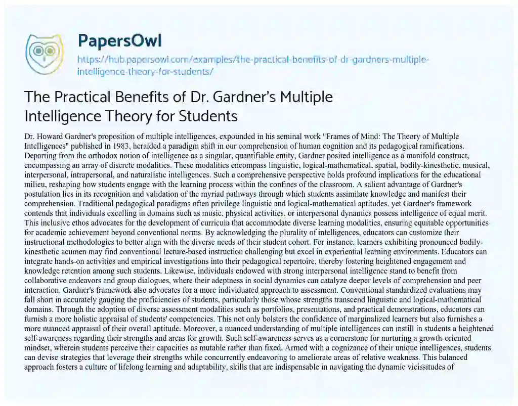 Essay on The Practical Benefits of Dr. Gardner’s Multiple Intelligence Theory for Students