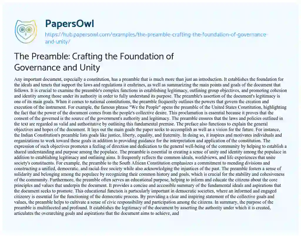Essay on The Preamble: Crafting the Foundation of Governance and Unity