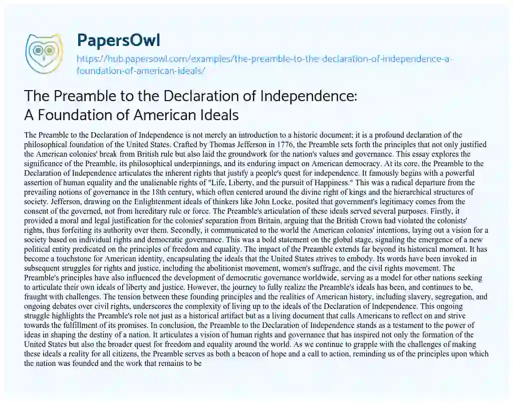 Essay on The Preamble to the Declaration of Independence: A Foundation of American Ideals