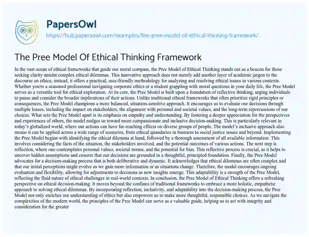 Essay on The Pree Model Of Ethical Thinking Framework
