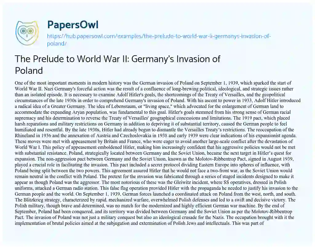 Essay on The Prelude to World War II: Germany’s Invasion of Poland