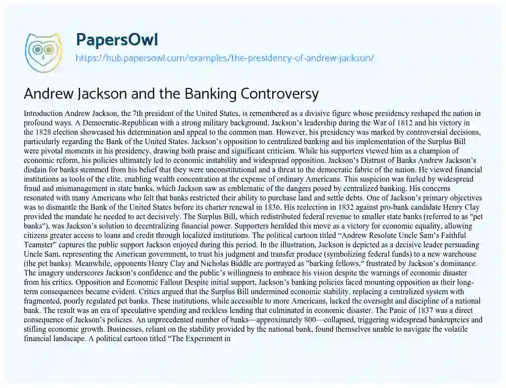 Essay on Andrew Jackson and the Banking Controversy