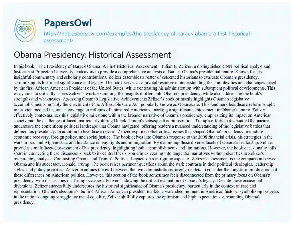 Essay on Obama Presidency: Historical Assessment