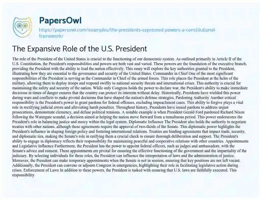 Essay on The Expansive Role of the U.S. President