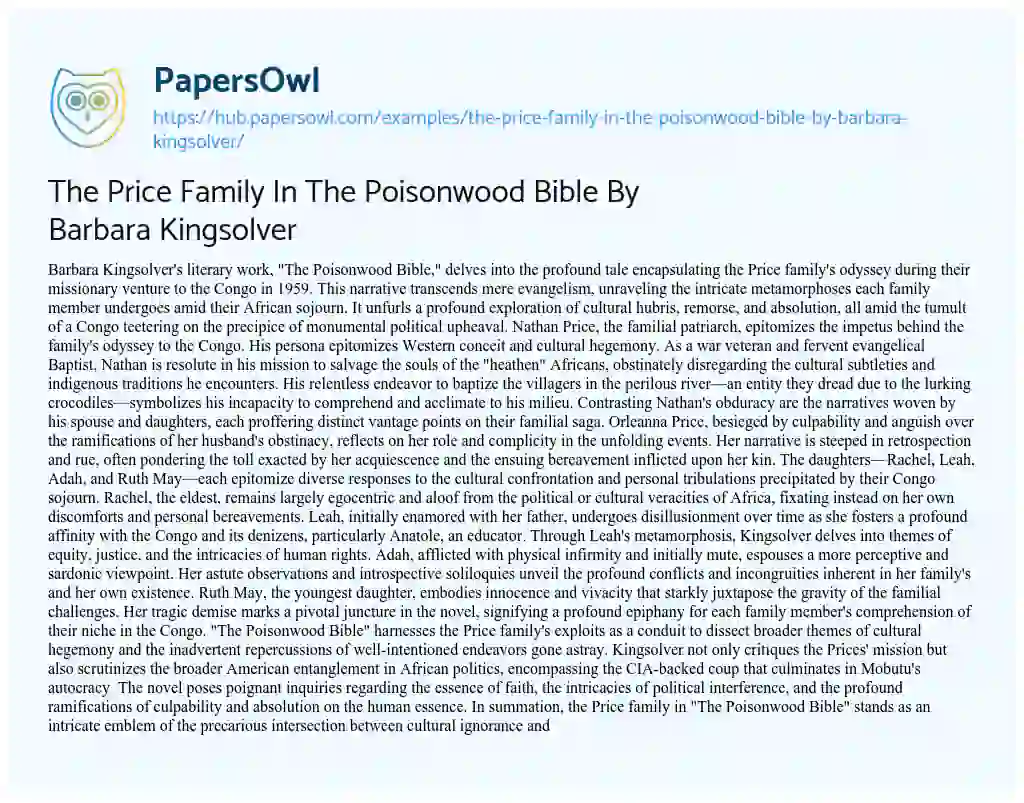 Essay on The Price Family In The Poisonwood Bible By Barbara Kingsolver