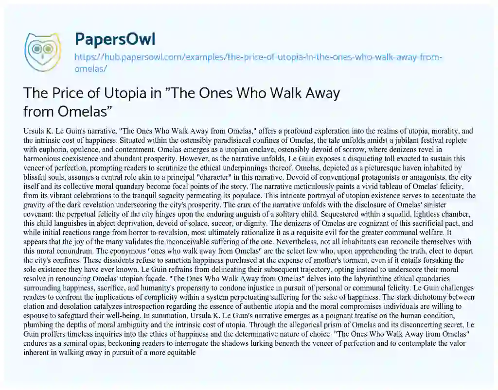 Essay on The Price of Utopia in “The Ones Who Walk Away from Omelas”