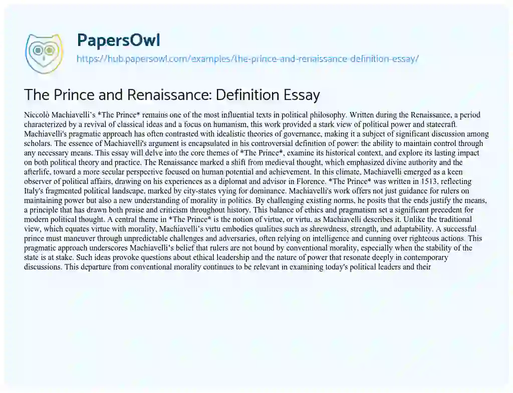 Essay on The Prince and Renaissance: Definition Essay
