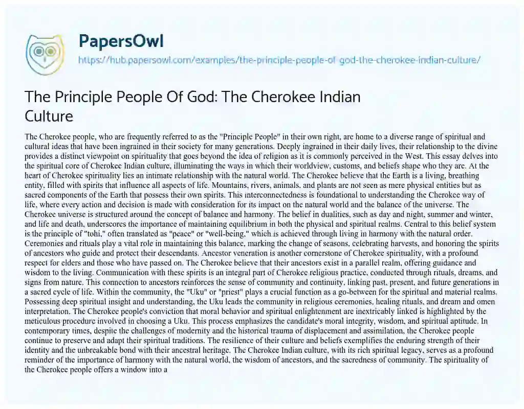 Essay on The Principle People Of God: The Cherokee Indian Culture