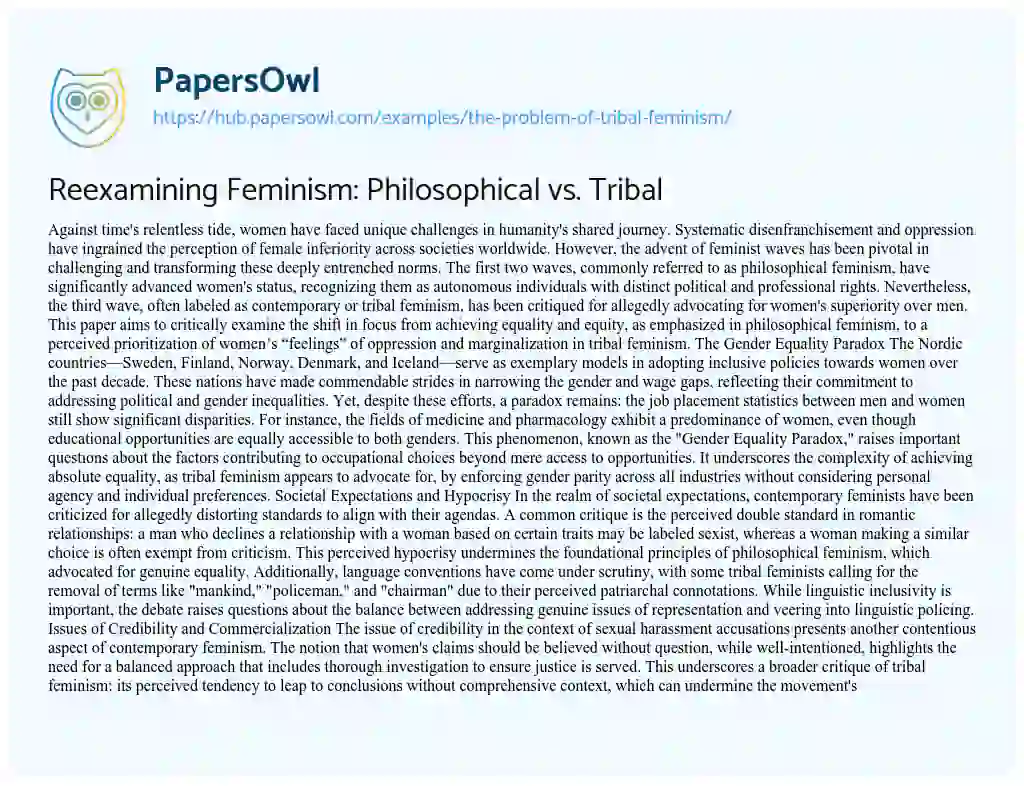 Essay on Reexamining Feminism: Philosophical vs. Tribal