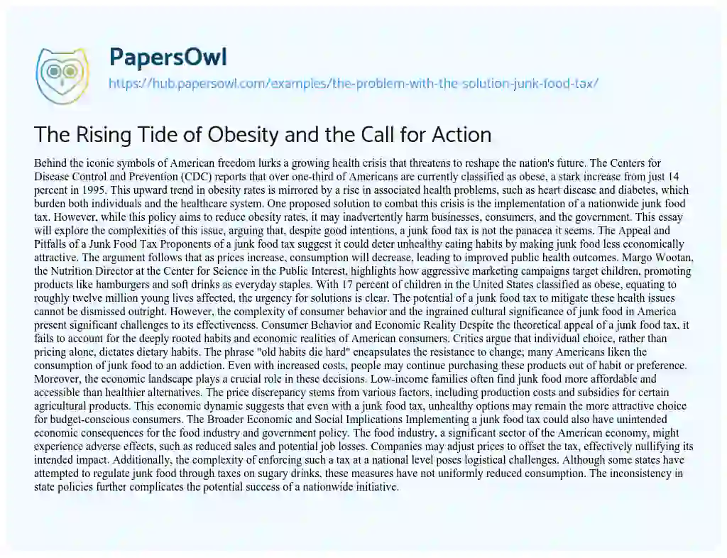 Essay on The Rising Tide of Obesity and the Call for Action