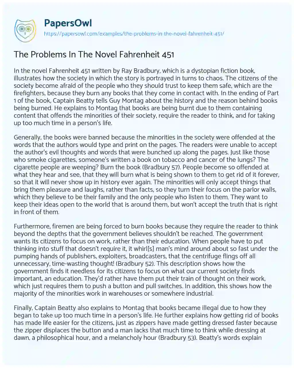 Essay on The Problems In The Novel Fahrenheit 451