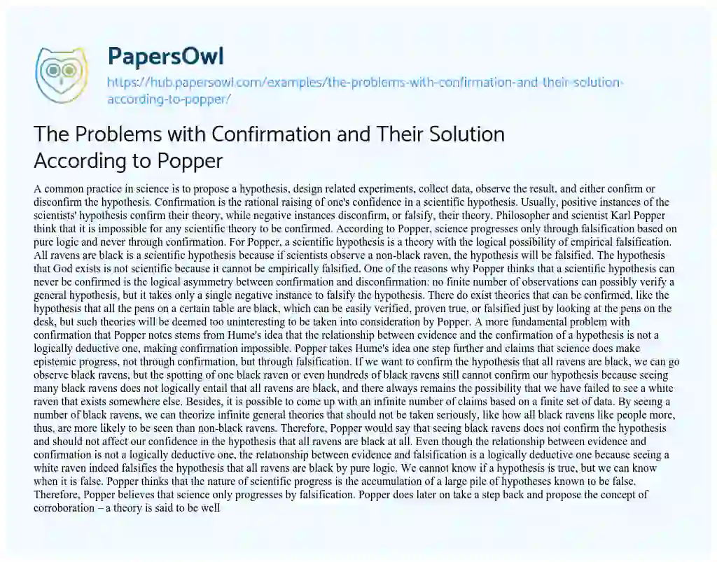Essay on The Problems with Confirmation and Their Solution According to Popper