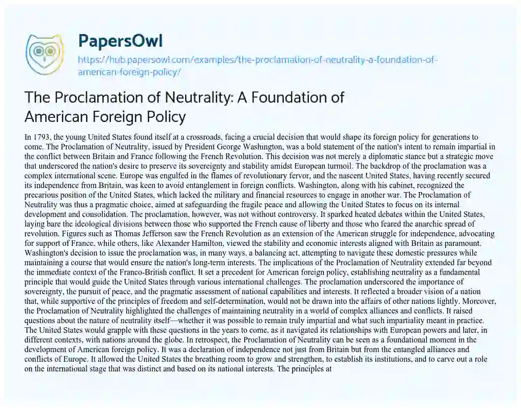 Essay on The Proclamation of Neutrality: A Foundation of American Foreign Policy