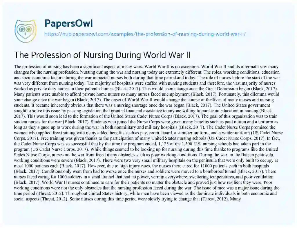 Essay on The Profession of Nursing During World War II