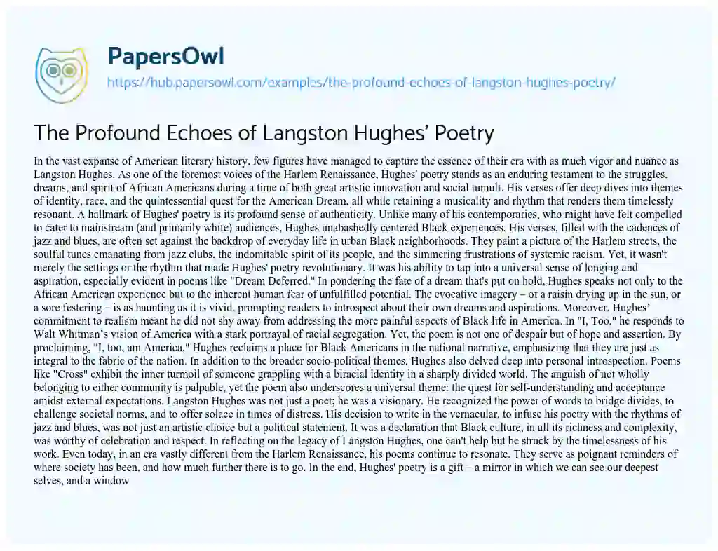 Essay on The Profound Echoes of Langston Hughes’ Poetry